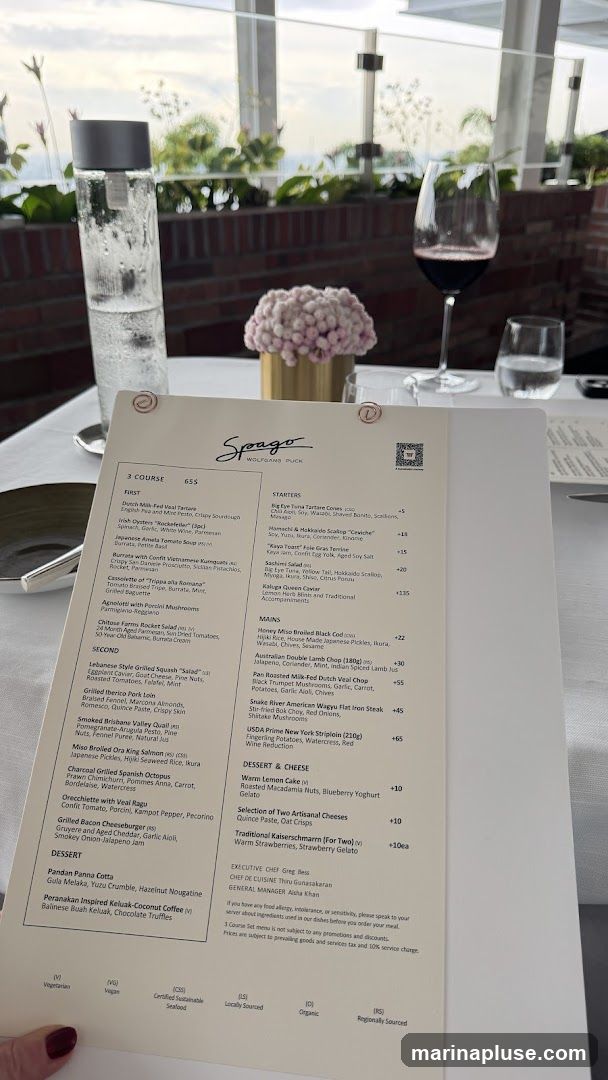 A menu from Spago by Wolfgang Puck, featuring a 3-course meal option and a la carte selections for starters, mains, and desserts.