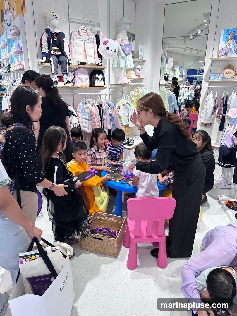 A group of children and adults are gathered in a brightly lit children's clothing store. Several children are seated around a blue table, engaged in an activity, possibly crafting or drawing, with a woman in black overseeing them. The store displays racks of children's clothing, mannequins dressed in outfits, and shelves stocked with shoes and accessories. A pink child-sized chair is prominently placed. A woman in the foreground carries a white shopping bag with the 'CELINE' logo.