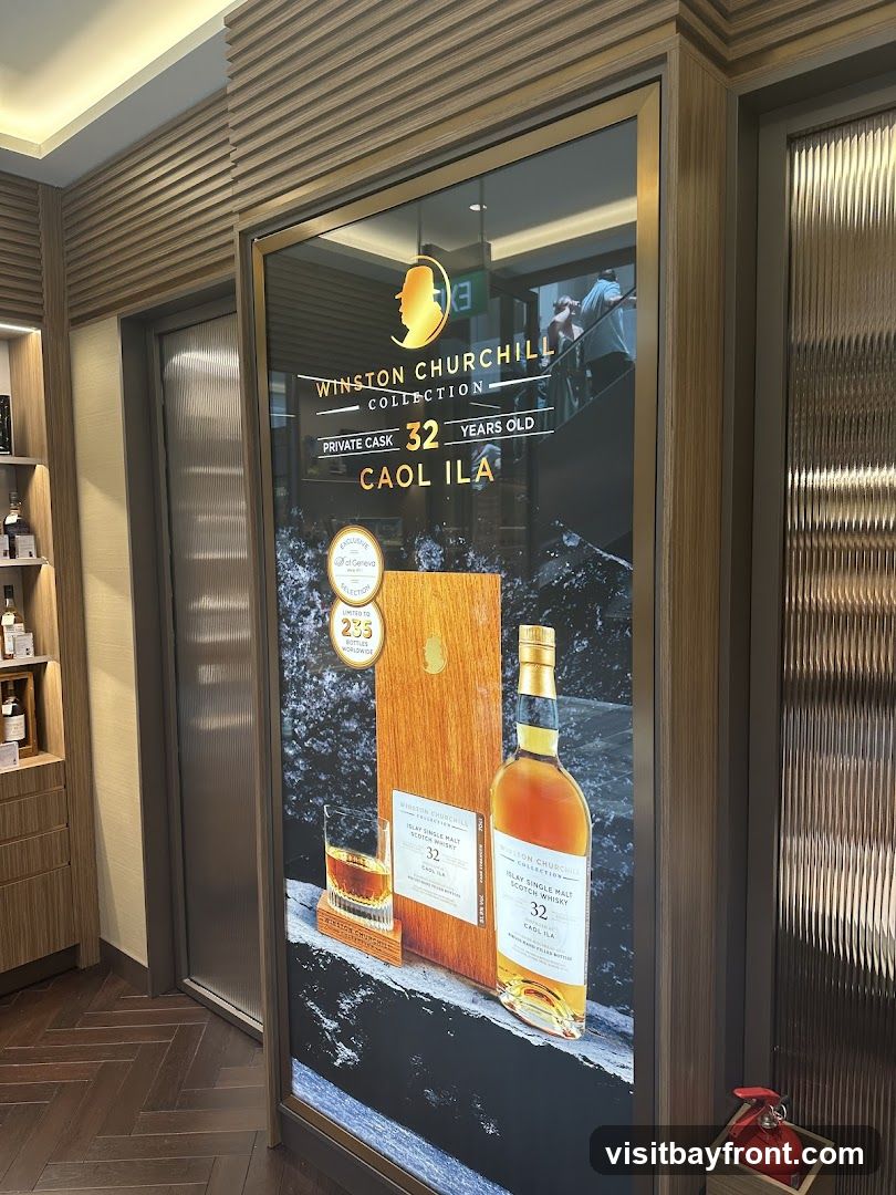 A display featuring the Winston Churchill Collection Caol Ila 32 Year Old Islay Single Malt Scotch Whisky. The display includes an image of a bottle, a glass of whisky, and a wooden presentation box. Text indicates it is a private cask, limited to 235 bottles worldwide, and has received an award from Geneva Selection.