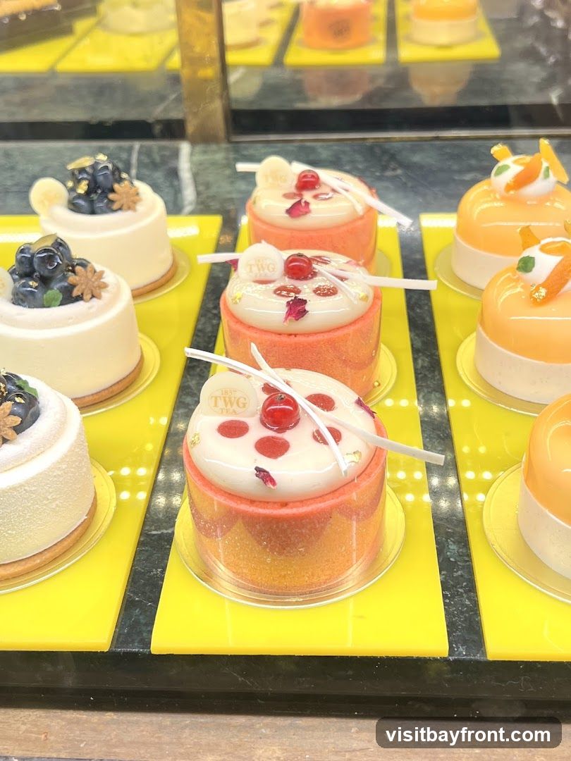 A display case filled with various small, elegantly decorated desserts. The desserts are arranged on bright yellow stands. Some are white with dark berries and gold leaf, others are orange or pink with white frosting, cherries, and rose petals. A logo that reads "1837 TWG TEA" is visible on some of the desserts.