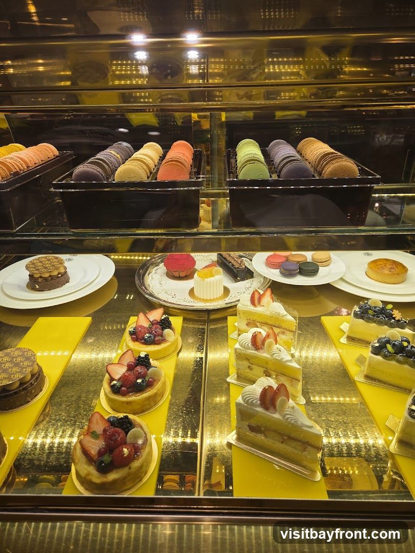 A display case filled with various pastries, including macarons, tarts, and cakes. The macarons are arranged in rows of different colors. The tarts are topped with fresh berries and fruit. The cakes are layered and decorated with cream and fruit. The display case has a golden interior and is brightly lit.