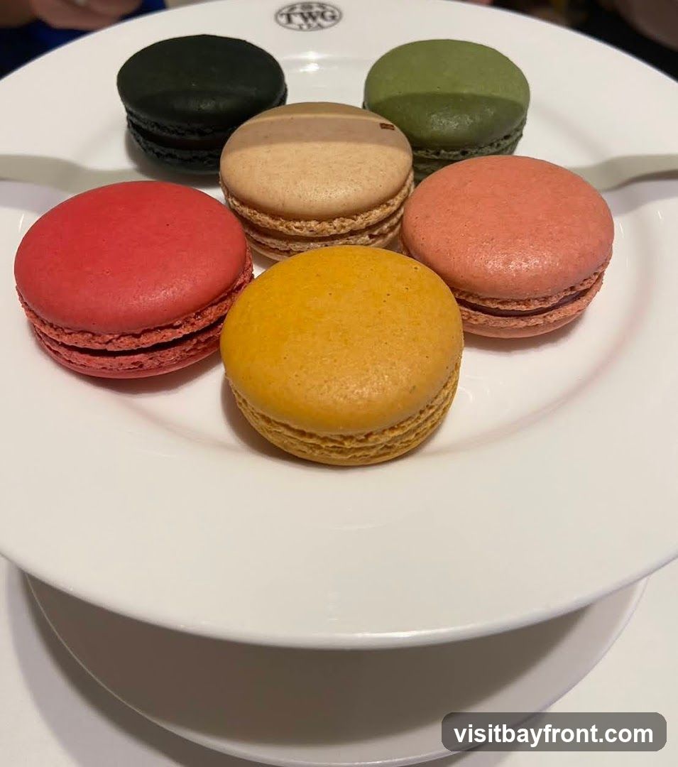 A white plate holds six colorful macarons: black, green, tan, pink, red, and yellow. The TWG Tea logo is visible on the plate.