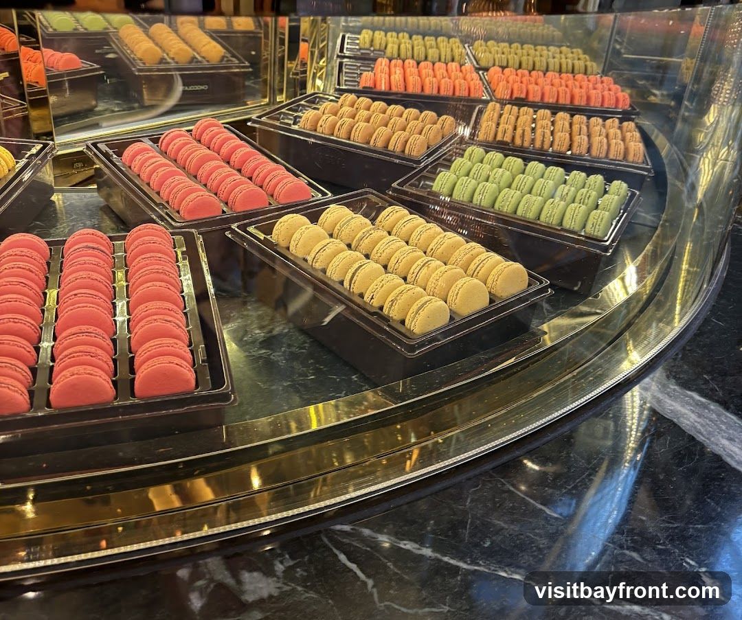 A display case filled with rows of colorful macarons. The macarons are arranged in plastic trays and come in shades of pink, yellow, green, and orange. The display case has a golden trim and sits on a dark marble surface.