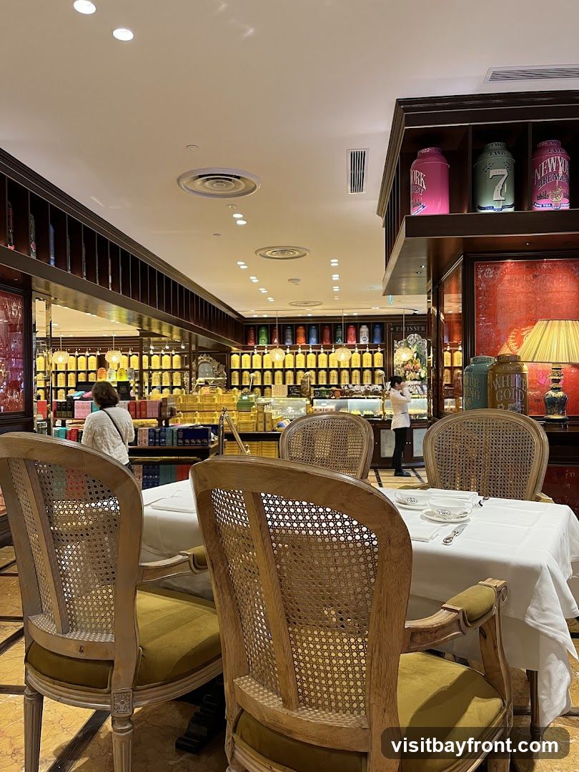 A view of a tea room with tables set for service. Four chairs with cane backs and olive green upholstery surround a white-clothed table set with teacups and saucers. In the background, shelves are filled with numerous colorful tea tins, and a counter area with staff serving customers is visible. Decorative lamps and framed artwork add to the ambiance.