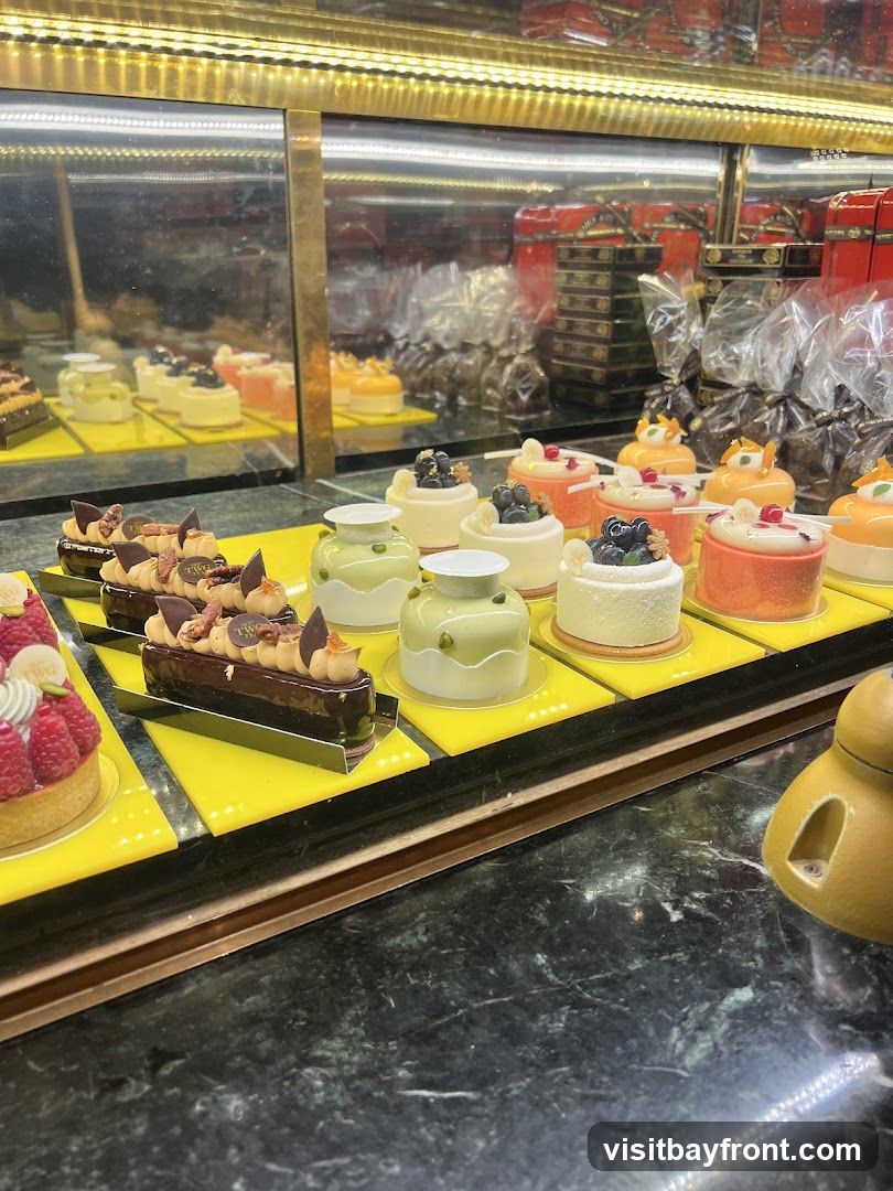 A display case filled with various colorful and elaborately decorated pastries and cakes. The pastries are arranged on bright yellow stands, with some featuring fruit toppings like raspberries and blueberries, while others are topped with chocolate and nuts. In the background, more boxed confections and wrapped items are visible behind glass.