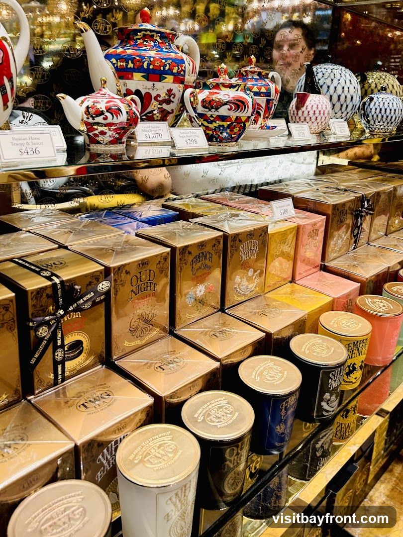 A display of TWG tea boxes and decorative teapots. The boxes are gold and feature various tea names like "Oud Night" and "Silver Moon." Several ornate teapots and sugar bowls are arranged on a shelf above, with price tags visible. A person's reflection is visible in the glass.
