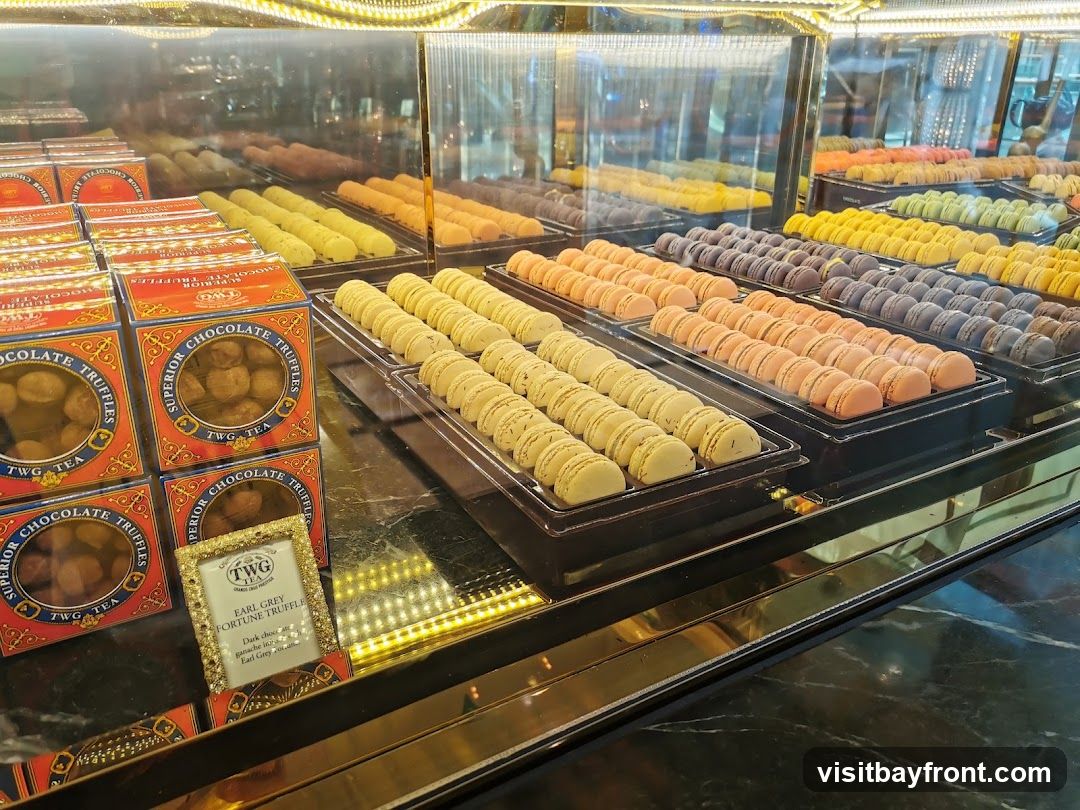 A display case filled with rows of colorful macarons and boxes of chocolate truffles. The macarons are arranged in trays by color, including yellow, purple, orange, and grey. To the left, several boxes labeled "TWG TEA SUPERIOR CHOCOLATE TRUFFLES" are stacked. A small framed card describes "EARL GREY FORTUNE TRUFFLE" with dark chocolate ganache infused with Earl Grey foam.