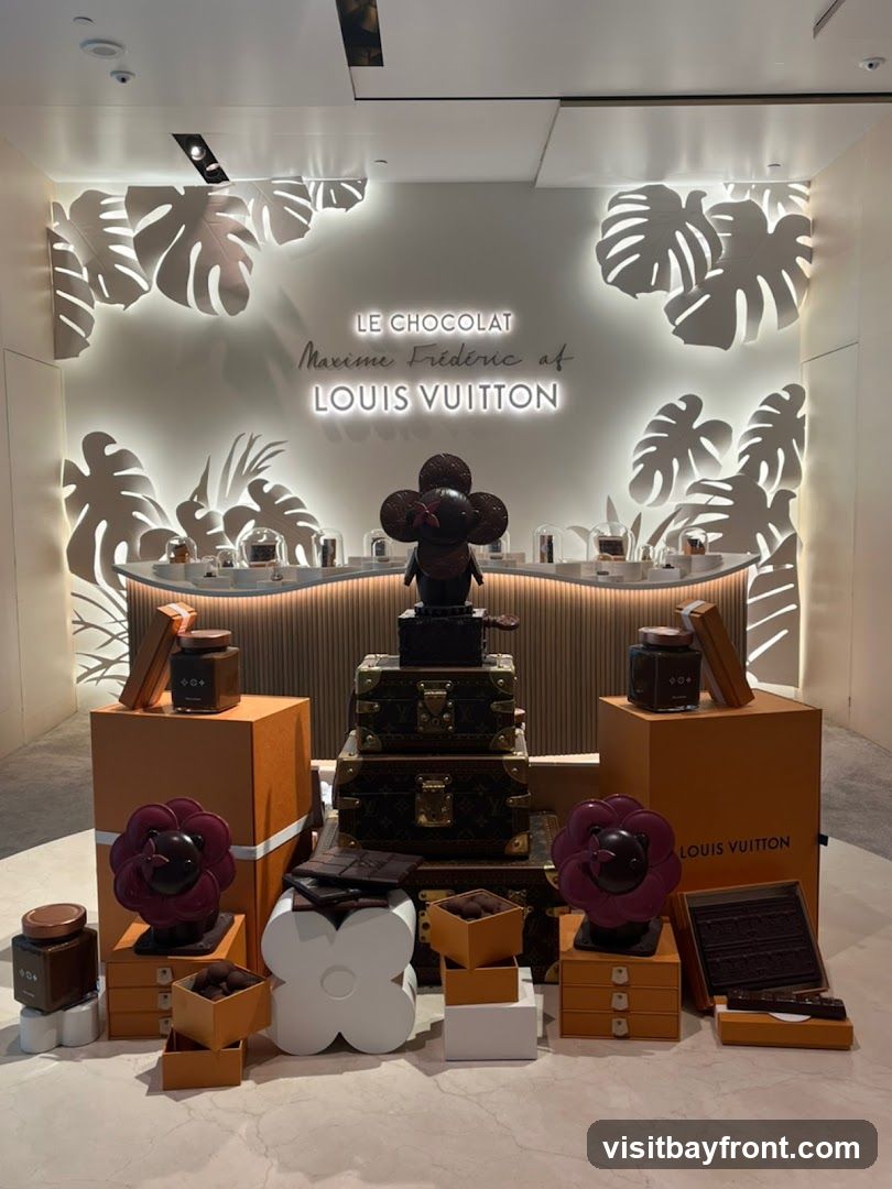 A display featuring chocolates and Louis Vuitton branded items. The display includes stacked Louis Vuitton trunks, chocolate bars, jars of chocolate, and decorative floral elements. A central figure of a bear wearing a floral hat is prominently displayed. The background features illuminated tropical leaf cutouts and a counter with more chocolate products. The text "LE CHOCOLAT Maxime Frederic at LOUIS VUITTON" is illuminated above the display.
