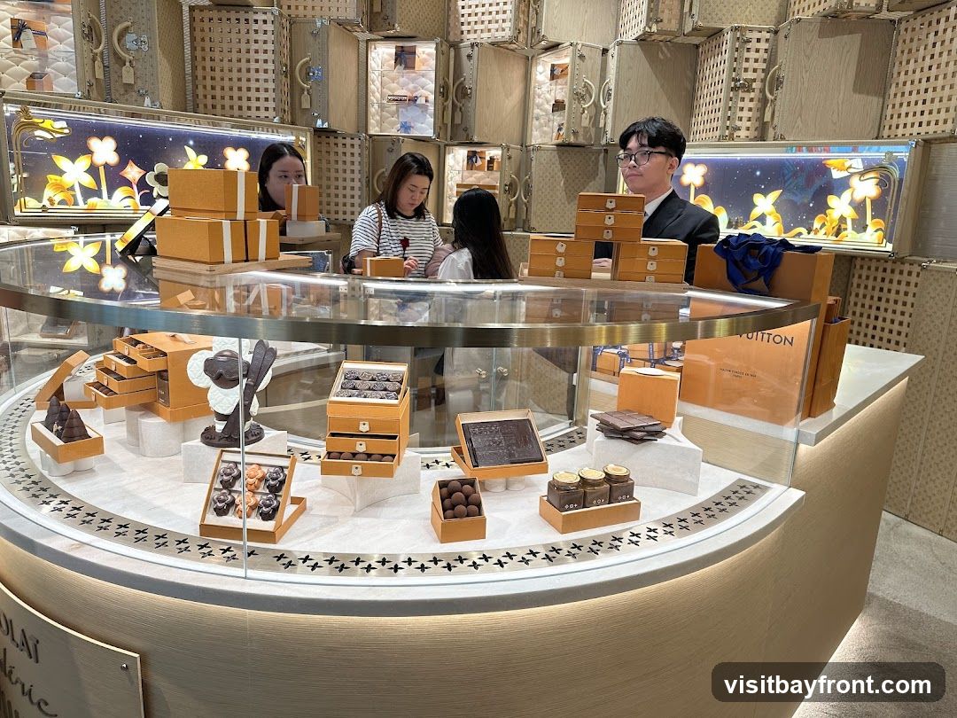 A display case filled with various chocolates and gift boxes, with staff attending to customers in the background. The display features intricately arranged chocolates, some in decorative boxes, and jars of what appear to be chocolate spreads or ganaches. The overall aesthetic is luxurious, with branded packaging visible.