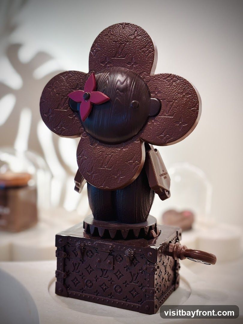 A detailed chocolate sculpture resembling a character with a flower-shaped head and a trunk-like body, standing on a miniature trunk base. The sculpture is adorned with the Louis Vuitton monogram pattern.