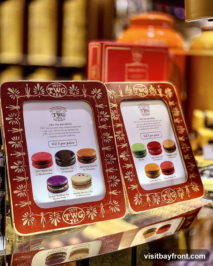 A display of TWG Tea macarons in decorative frames. The left frame shows macarons in flavors: 1837 Black Tea & Blackcurrant, Napoleon Tea & Caramel, Earl Grey Fortune & Chocolate, Grand Wedding Tea, Passion Fruit & Coconut. The right frame shows macarons in flavors: Matcha, Silver Moon Tea & Strawberry, Number 12 Tea & Biscuits, Lemon Bush Tea, Bain de Rose Tea. Each macaron is priced at S$2.5 per piece.