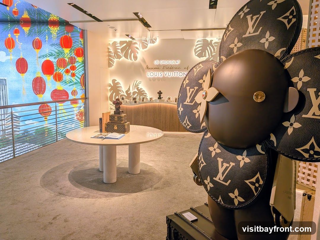 A Louis Vuitton store interior featuring a large Louis Vuitton monogrammed bear sculpture in the foreground. In the background, a round table displays stacked Louis Vuitton boxes and a book. A display case with products is visible behind the table, and a wall features illuminated tropical leaves and text that reads "Le Chocolat Maxime Frédéric at Louis Vuitton". A large window on the left shows a vibrant display of red lanterns against a cityscape.