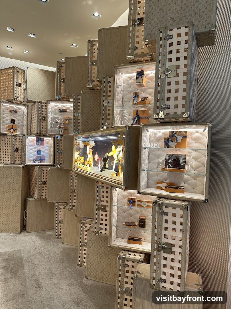 A retail display featuring stacked, open-faced cabinets and trunks, showcasing branded items. The cabinets are illuminated and contain boxes, some with blue ribbon, and what appear to be chocolates or small luxury goods. A central glass-encased display features a vibrant arrangement of yellow and orange objects, possibly flowers or decorative elements, with a reflection of golden light. The overall aesthetic is one of high-end retail, with a focus on presentation and branding.
