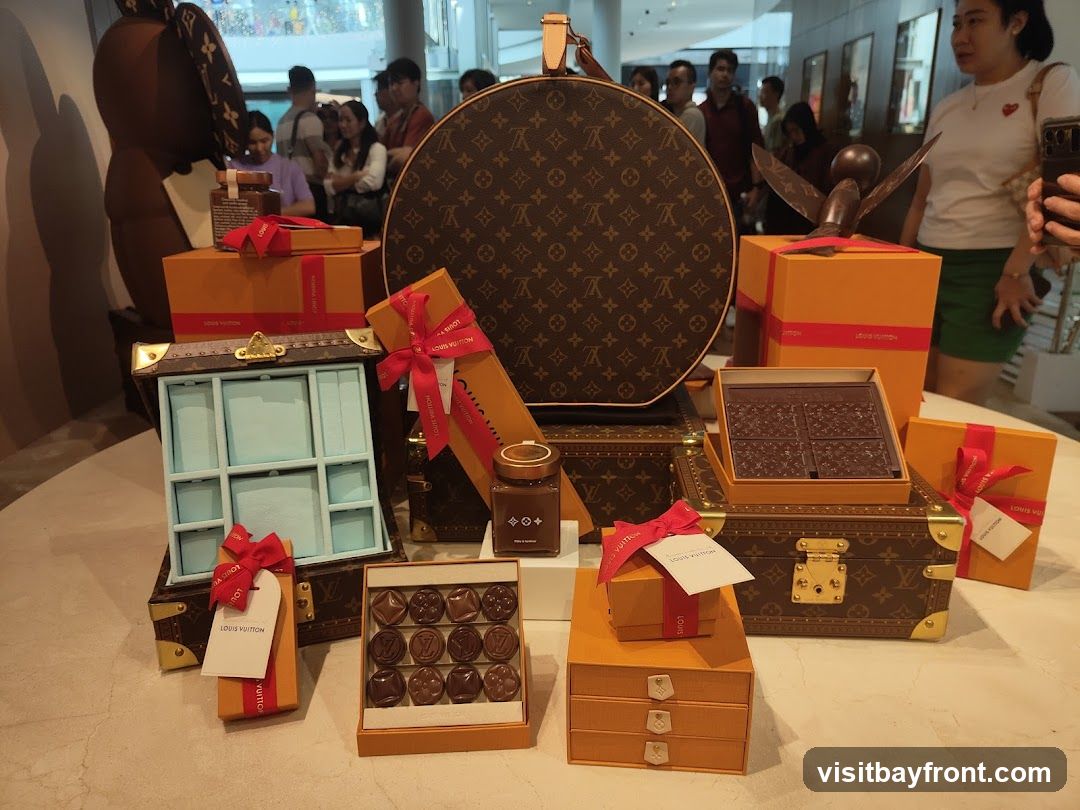 A display of Louis Vuitton branded items, including chocolates, a jewelry box, and gift-wrapped boxes, arranged on a table. The items are predominantly in orange and brown, with the signature Louis Vuitton monogram pattern visible on several pieces. In the background, people are seen browsing in a store.