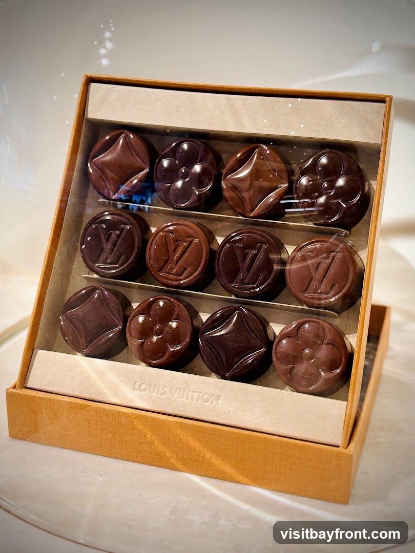 A box of twelve assorted chocolates, each embossed with either the Louis Vuitton monogram or a floral pattern. The chocolates are arranged in three rows of four within a light brown box with the Louis Vuitton logo embossed on a cream-colored insert.