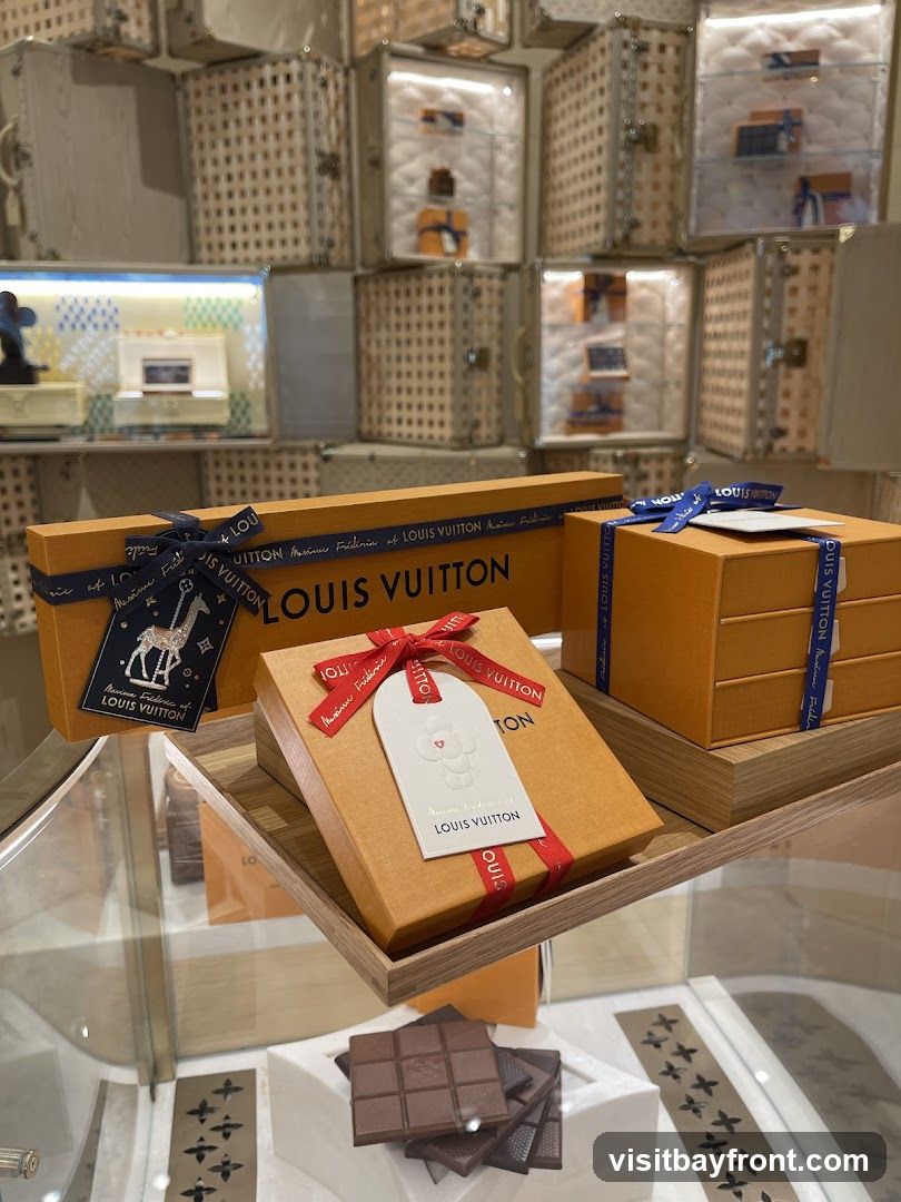 Several orange Louis Vuitton gift boxes are displayed, some tied with branded ribbon and tags. In the foreground, a few bars of chocolate are arranged on a white surface. The background shows a wall of display cases with more Louis Vuitton items.