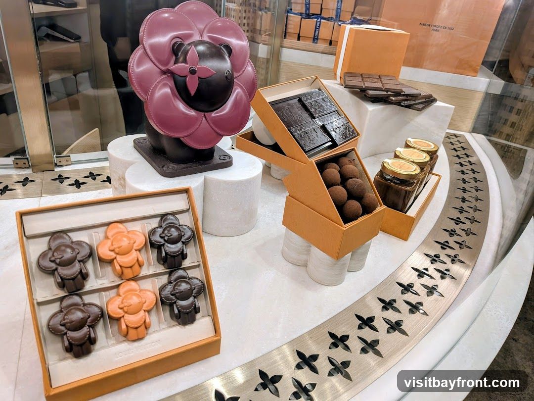 A display of chocolates and other confectionery items from Louis Vuitton. In the foreground, a box contains six flower-shaped chocolates, three dark brown and three orange. Behind this, a tiered box holds several dark chocolate bars and a container of chocolate truffles. To the right, three small jars with gold lids are visible, along with more chocolate bars. A large decorative chocolate bear with a pink flower accent stands on a pedestal to the left. The display is set against a backdrop of Louis Vuitton branded boxes and bags.