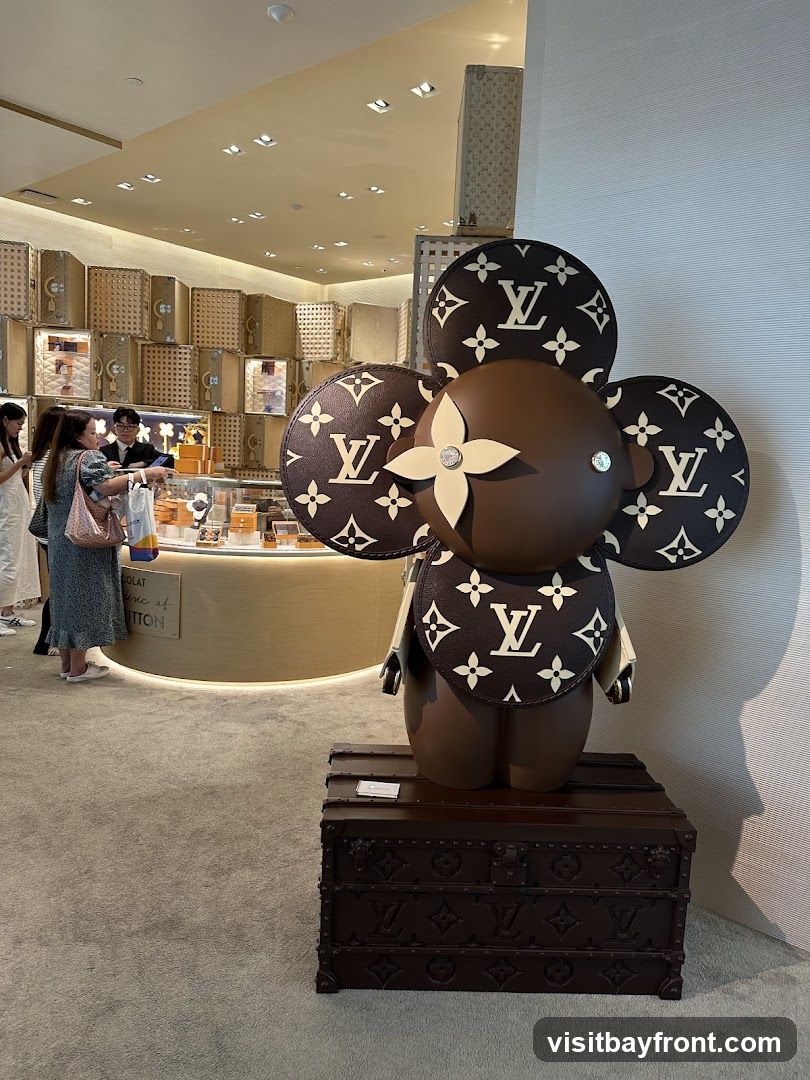 A large, stylized bear-like figure with Louis Vuitton monogrammed circular ears and a flower-shaped embellishment on its head stands on a dark brown trunk. The figure is positioned in the foreground of a brightly lit store interior. In the background, shelves are stacked with Louis Vuitton-branded trunks and display cases. Several customers are browsing in the background near a counter.