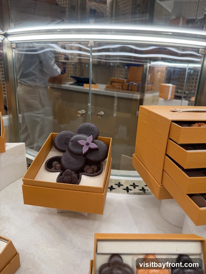 A display of intricately shaped chocolates in orange boxes, some shaped like bears with flower accents. In the background, a person in a white uniform is visible behind a counter, with more boxed items and packaging.