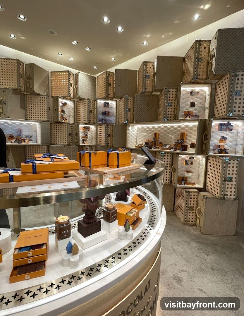 A display of Louis Vuitton chocolates and gift boxes arranged in a store. The chocolates are presented in elegant orange boxes and jars, with some individual pieces visible. The background features shelves and display cases filled with what appear to be miniature Louis Vuitton trunks, some open to reveal more products. The overall aesthetic is luxurious and sophisticated, with warm lighting enhancing the display.