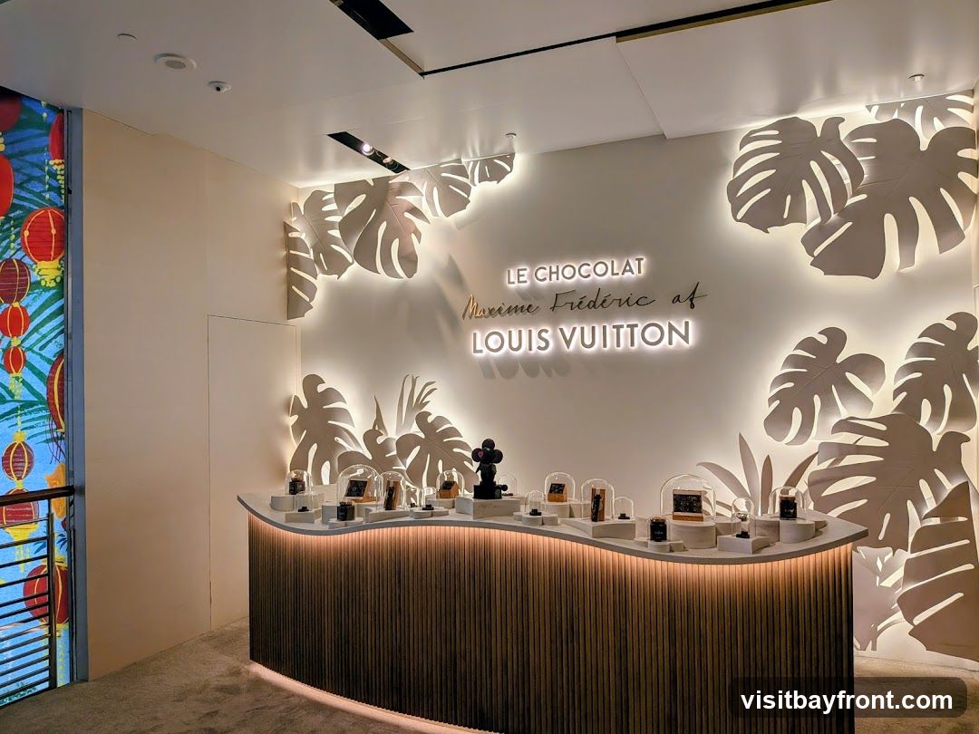 A display counter with various chocolates under glass domes, set against a wall decorated with illuminated leaf cutouts. The wall features neon signage that reads "LE CHOCOLAT Maxime Frédéric at LOUIS VUITTON." To the left, a screen displays red lanterns and green foliage.