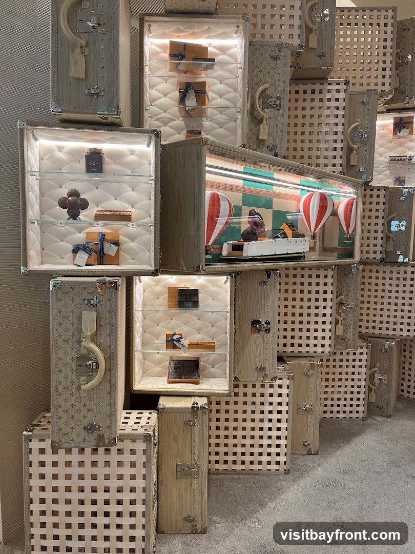 A visually striking display featuring stacked vintage-style trunks and illuminated display boxes. The trunks are adorned with a repeating monogram pattern and metallic hardware. The display boxes showcase various luxury items, including chocolates, small jars, and elegantly wrapped gift boxes, some with blue ribbon accents. One display case features a diorama with hot air balloons and a miniature ship. The overall aesthetic suggests a high-end retail environment, possibly a boutique or department store window display.
