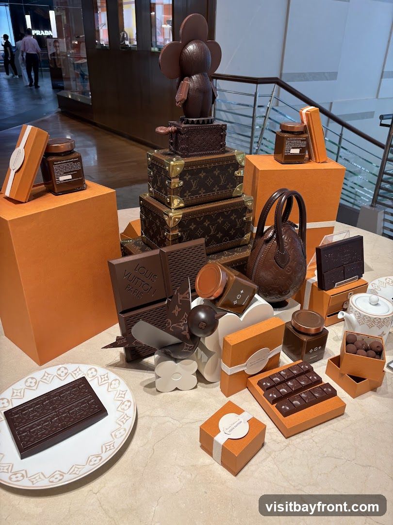 A display of chocolate confections and decorative items, many branded with Louis Vuitton's signature monogram. The arrangement includes chocolate bars, jars of chocolate spread, a chocolate handbag, and a chocolate sculpture of a character resembling Mickey Mouse atop stacked chocolate Louis Vuitton-style trunks. The display is set against a backdrop of a retail environment, with blurred figures and store displays visible in the background.