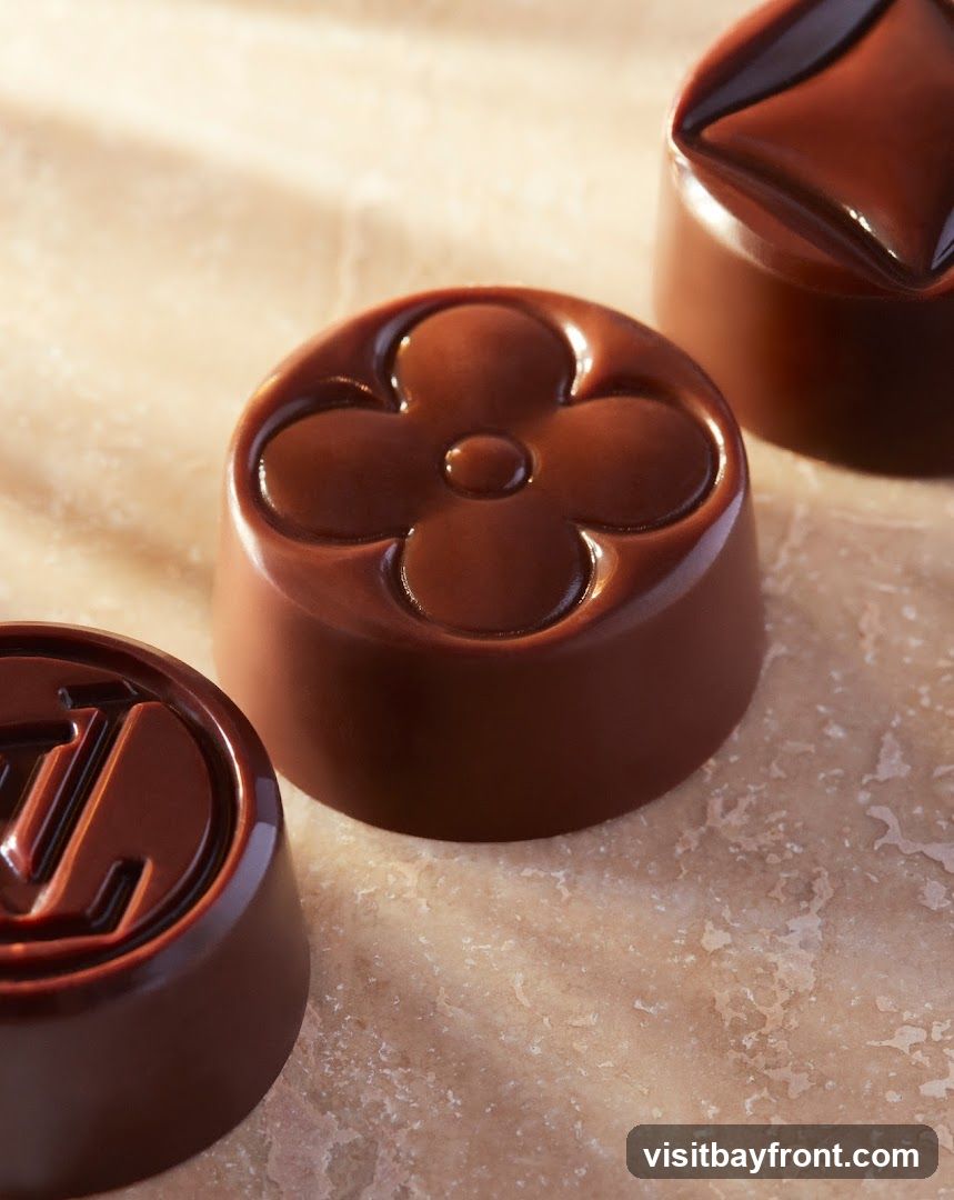 Three chocolate candies are arranged on a textured surface. The candy in the foreground on the left has a circular shape with the Louis Vuitton logo embossed on it. The candy in the center is also circular and features a four-petal flower design. The candy in the background on the right is cylindrical with a diamond-shaped indentation on top. The chocolates are a rich brown color and appear to be made of smooth, glossy chocolate.