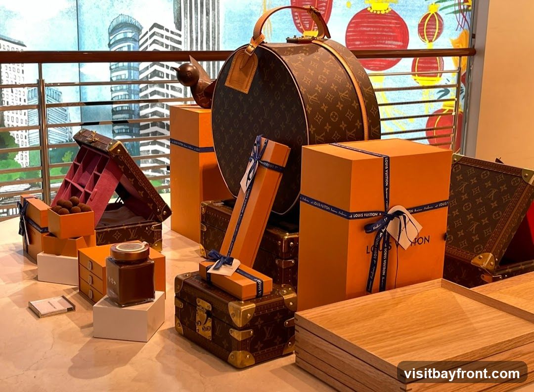 A display of Louis Vuitton branded items, including a large round hatbox, several orange gift boxes tied with blue ribbon, and small trunks. Some boxes are open, revealing chocolates and other items. The background features a stylized cityscape and red lanterns.