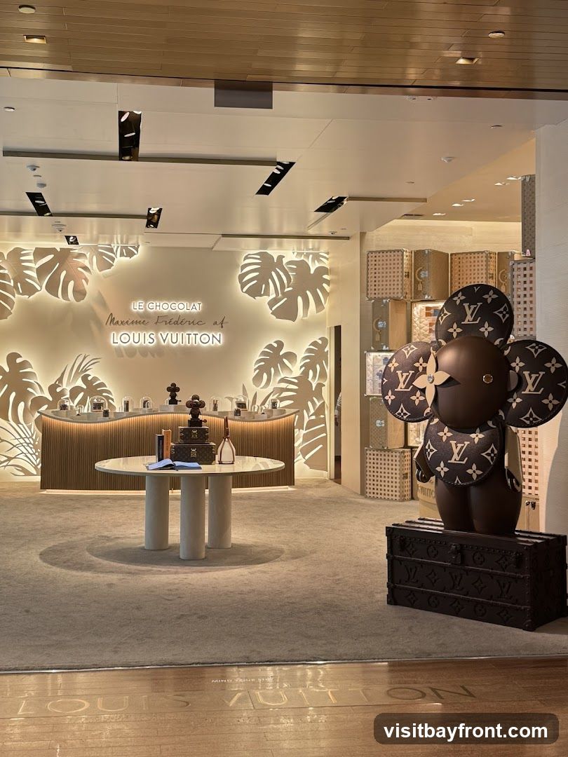 A display inside a Louis Vuitton store featuring a chocolate collection by Maxime Frederic. The display includes a large, stylized bear figure adorned with the Louis Vuitton monogram, standing on a trunk. Behind it, shelves are stacked with Louis Vuitton trunks and luggage. In the foreground, a round table displays books and a handbag. The back wall features a backlit display with tropical leaf motifs and the text "LE CHOCOLAT Maxime Frederic at LOUIS VUITTON.". The floor has the Louis Vuitton logo visible.