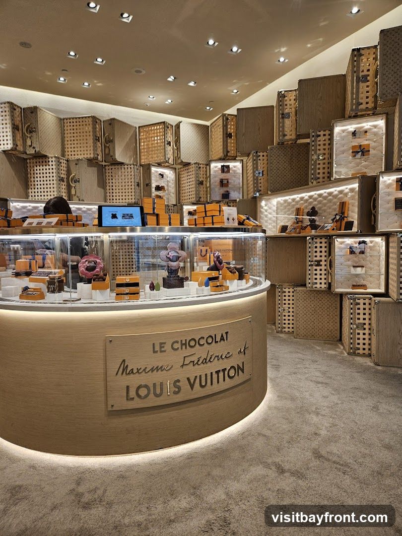 A display of chocolates and luxury goods in a Louis Vuitton store. The counter features a sign that reads "LE CHOCOLAT Maxime Frédéric at LOUIS VUITTON." Behind the counter, shelves are stacked with boxes and what appear to be Louis Vuitton trunks or display cases. The chocolates are presented in elegant orange boxes and within a glass display case.