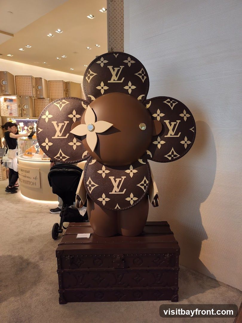 A large, stylized bear-like figure with Louis Vuitton monogrammed ears and bib stands on a dark brown trunk. The figure has a brown head with a light beige flower-shaped accent on its forehead and two sparkling blue eyes. The background shows a retail store interior with display cases and shelves filled with merchandise. A woman is visible in the background, interacting with a display.