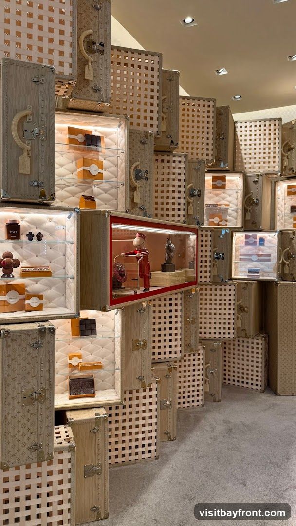 A retail display featuring stacked, open trunks with illuminated shelves showcasing boxes of chocolates and other luxury items. One trunk has a glass-enclosed display with a figurine of a bellhop and a statue. The trunks are decorated with a repeating pattern and have brass hardware. The overall aesthetic is opulent and sophisticated.