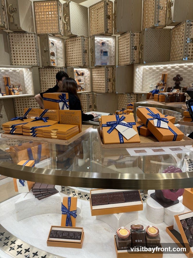 A display of Louis Vuitton branded chocolates and other confectionery items. The chocolates are presented in orange boxes with blue ribbons, and some are individually wrapped. There are also jars of what appear to be chocolate spreads or candies. The background features shelves lined with what look like LV-branded luggage or display cases.