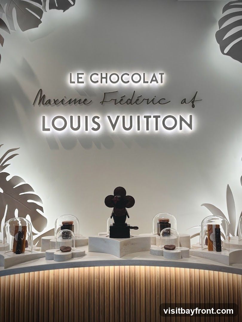 A display featuring chocolates from "Le Chocolat Maxime Frédéric at Louis Vuitton." The display includes various chocolate creations, some under glass domes, and a central sculpture. The background features illuminated text and stylized leaf motifs. The counter below is made of wood with vertical slats.