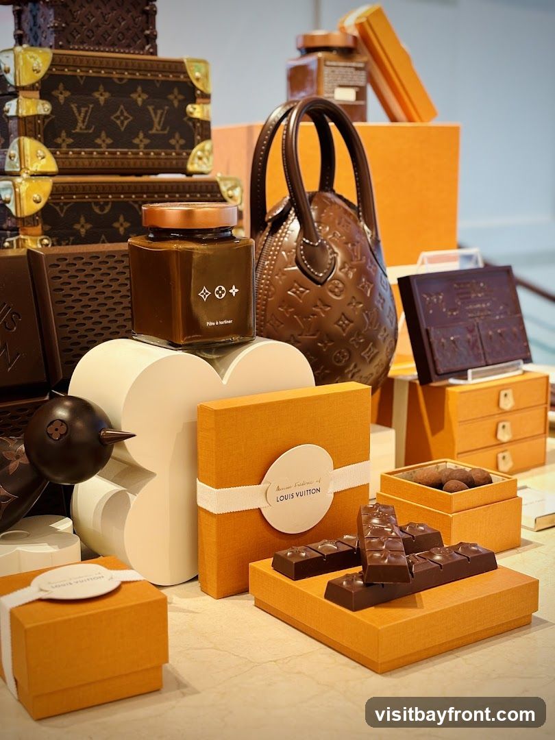 A display of Louis Vuitton branded chocolates and gift items. The arrangement includes chocolate bars, a jar of chocolate spread labeled 'Pâte à tartiner', a small handbag, and several orange gift boxes tied with white ribbon. The iconic Louis Vuitton monogram pattern is visible on some items, including the stacked mini trunks and the handbag.