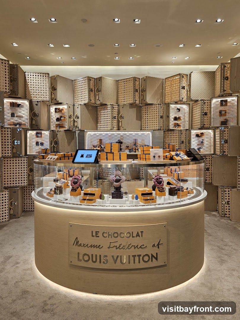 A display of chocolates and confectionery items presented in a Louis Vuitton store. The display features a circular counter with various chocolate creations, including floral-shaped chocolates and boxed assortments. The background is decorated with stacked Louis Vuitton trunks, creating a luxurious and thematic ambiance. A sign on the counter reads "LE CHOCOLAT Maxime Frédéric at LOUIS VUITTON.".