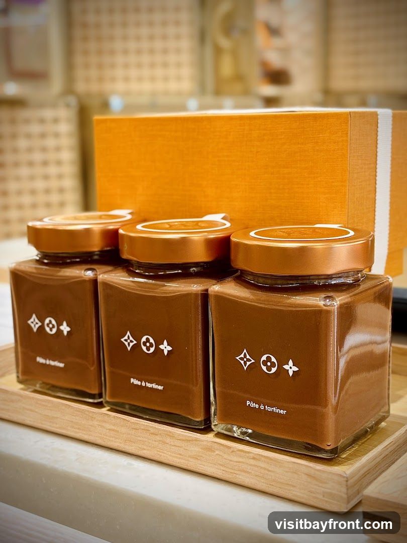 Three glass jars filled with chocolate spread are arranged on a wooden tray. Each jar has a copper-colored lid and features the Louis Vuitton monogram pattern and the text "Pâte à tartiner" printed on the front. An orange gift box with a white ribbon is visible behind the jars. The background shows blurred shelves with woven baskets.