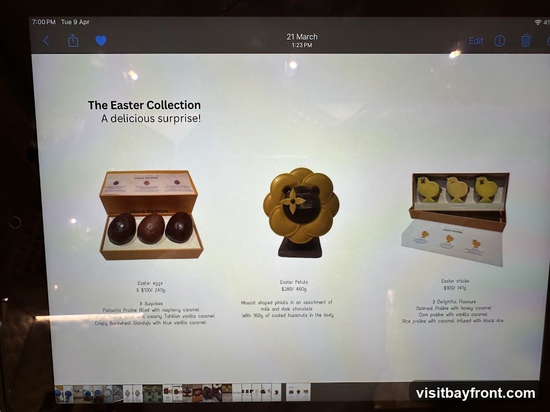 A display of Louis Vuitton's Easter-themed chocolates, including Easter eggs, a chocolate mascot, and Easter chicks. Each item has a description and price.