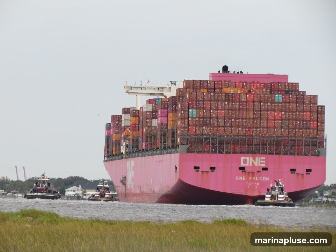 A large pink container ship, the ONE Falcon, is being assisted by two tugboats in a waterway. The ship is laden with numerous stacked shipping containers of various colors. The tugboats are positioned near the stern of the ship. The scene is set against a hazy sky and a shoreline with some buildings and vegetation.