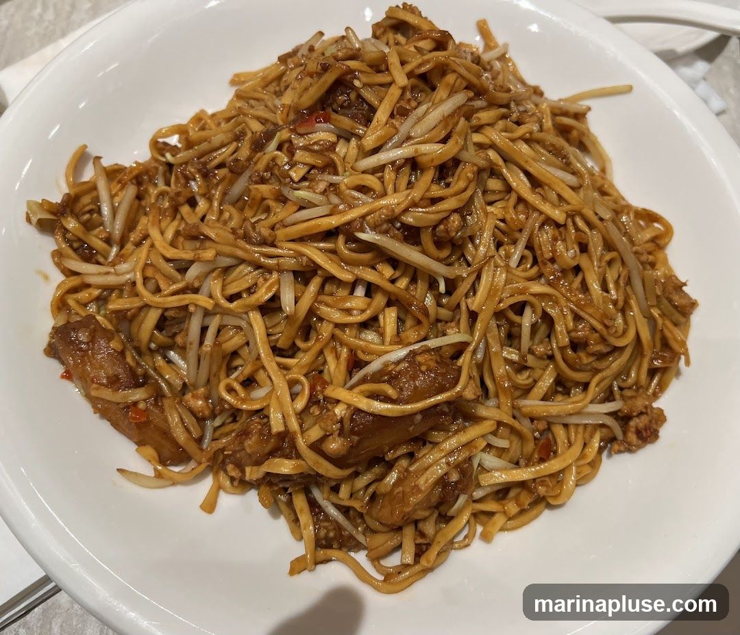A close-up shot of a white bowl filled with stir-fried noodles. The noodles are thin and golden brown, coated in a savory sauce. Mixed in with the noodles are pieces of meat and bean sprouts. The dish appears to be a hearty and flavorful meal.