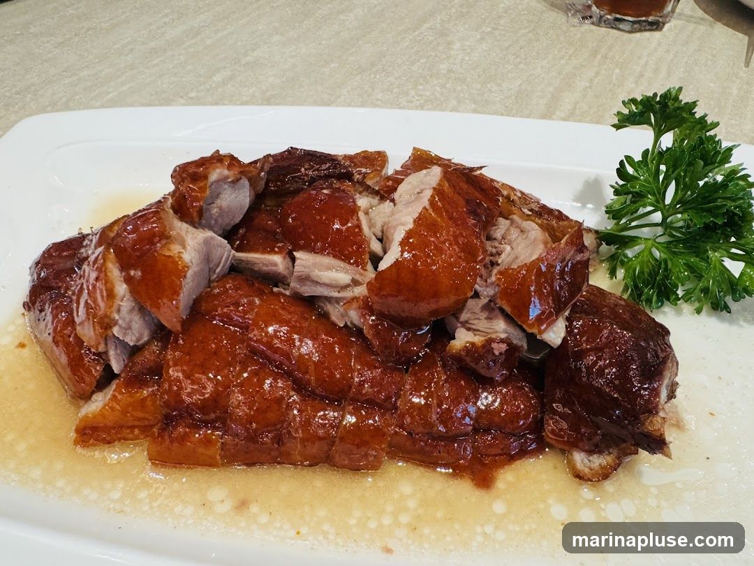 A platter of sliced roast duck with crispy skin, served in a light sauce and garnished with parsley.
