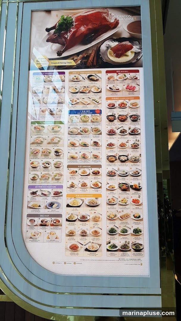 A menu board featuring various Chinese dishes, with a prominent image of roasted Peking duck at the top. The menu is divided into sections including Steamed Dim Sum, Fried & Baked Dim Sum, Rice Roll, Congee, HK Noodle/Soup, Appetiser, HK Roast Fare, Rice & Noodle, and Soup.