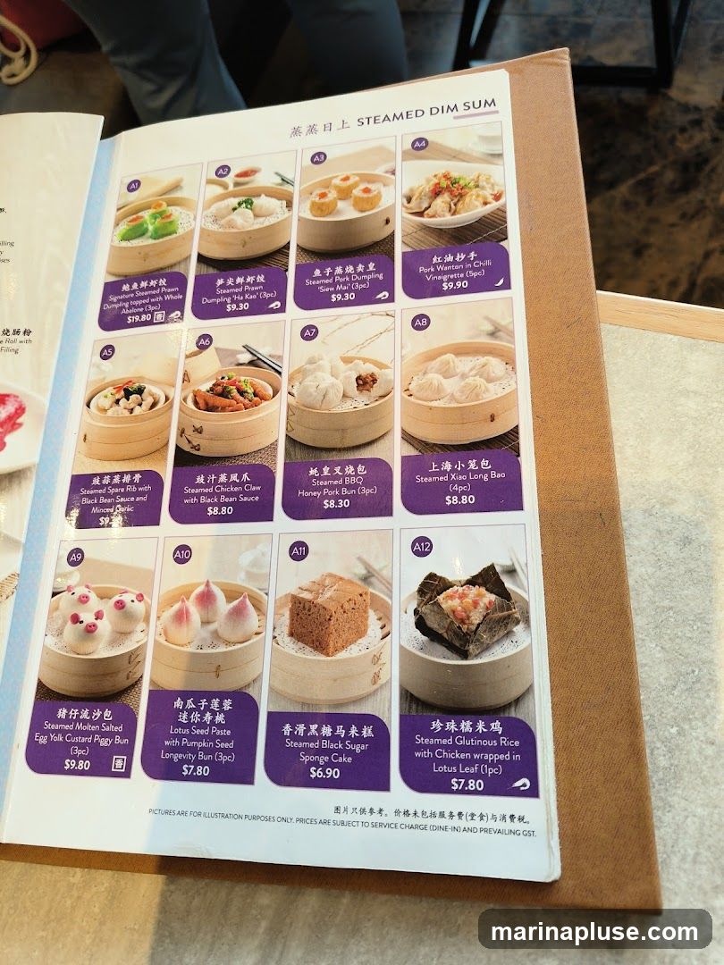 A menu page featuring various steamed dim sum dishes with images and prices.