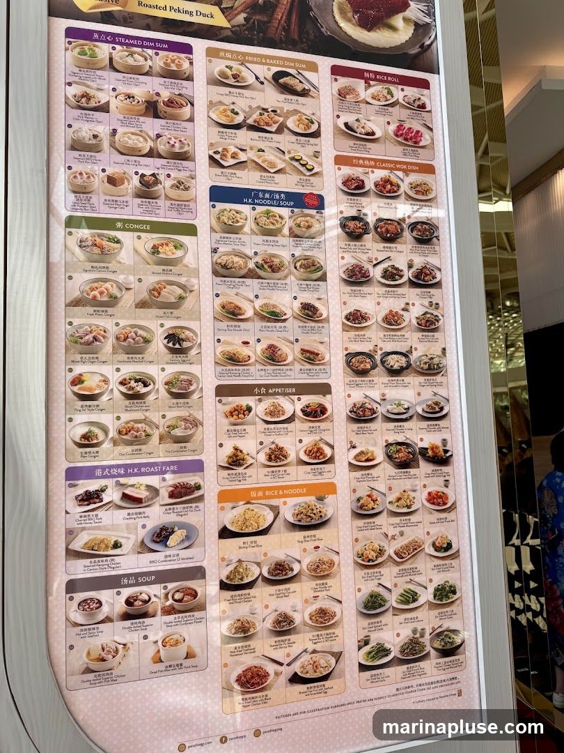 A menu featuring various Chinese dishes including steamed dim sum, fried and baked dim sum, rice rolls, congee, H.K. roast fare, soups, H.K. noodle/soup, appetisers, rice and noodle dishes, and classic wok dishes.