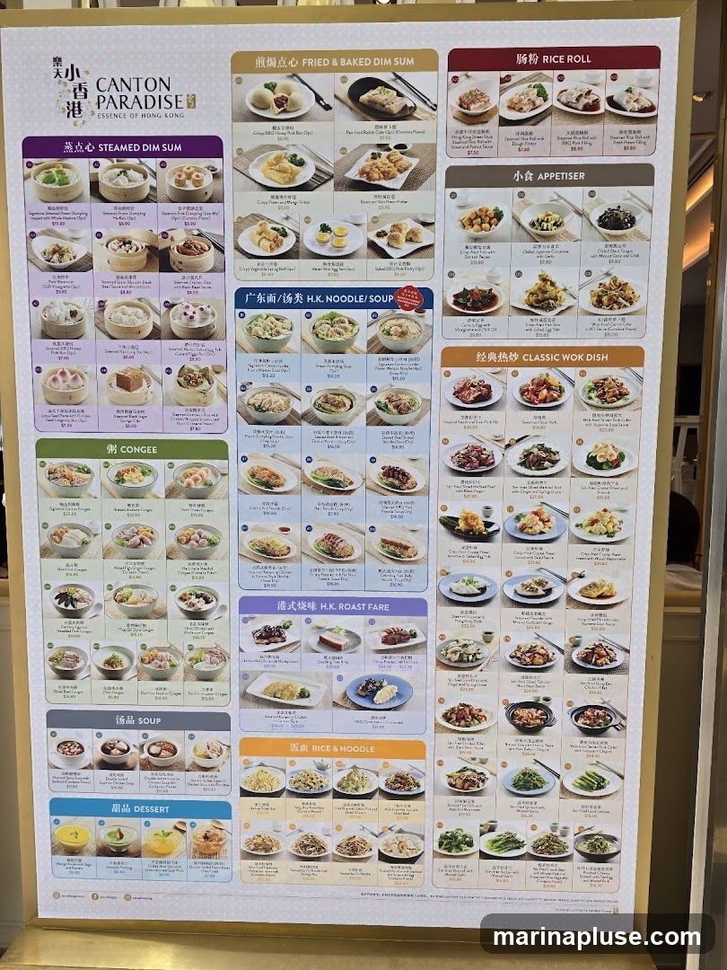 A menu board for Canton Paradise, featuring various Hong Kong-style dishes. Sections include Steamed Dim Sum, Fried & Baked Dim Sum, Rice Rolls, H.K. Noodle/Soup, Appetisers, Classic Wok Dishes, H.K. Roast Fare, Congee, Soup, Rice & Noodle, and Dessert.