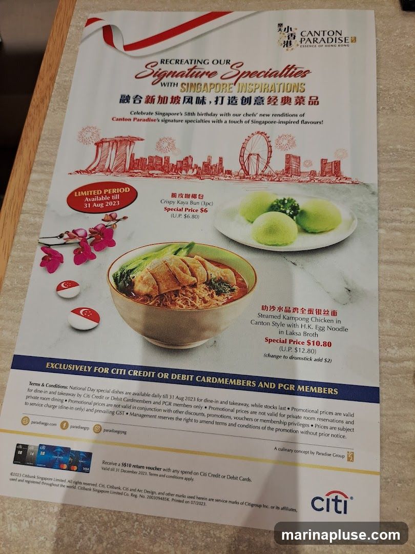 A promotional menu celebrating Singapore's 58th birthday with new renditions of signature specialties with Singapore-inspired flavors. Limited period offer available until 31 Aug 2023. Exclusively for Citi Credit or Debit Cardmembers and PGR Members.