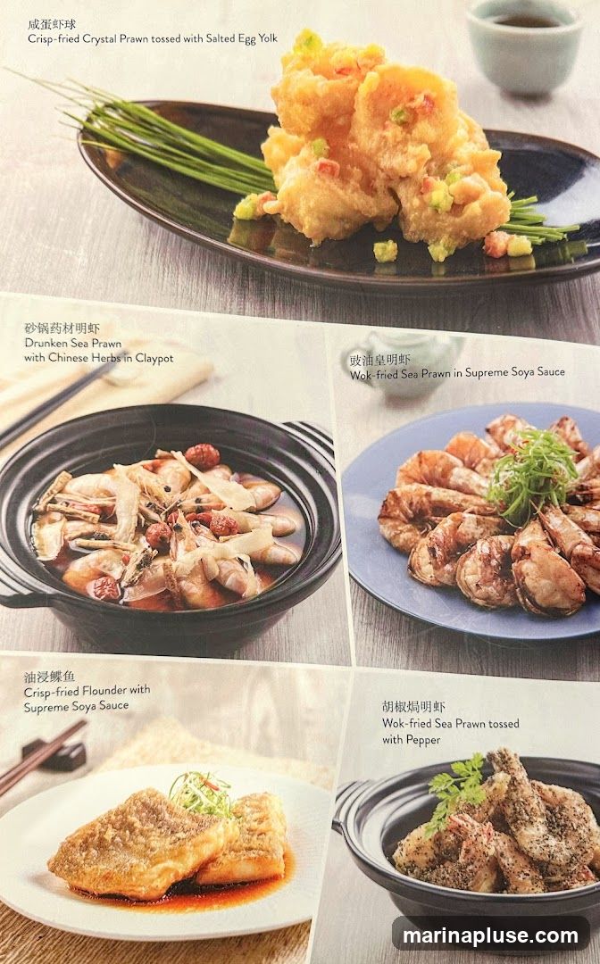 A menu featuring several seafood dishes with their names in English and Chinese, accompanied by images.