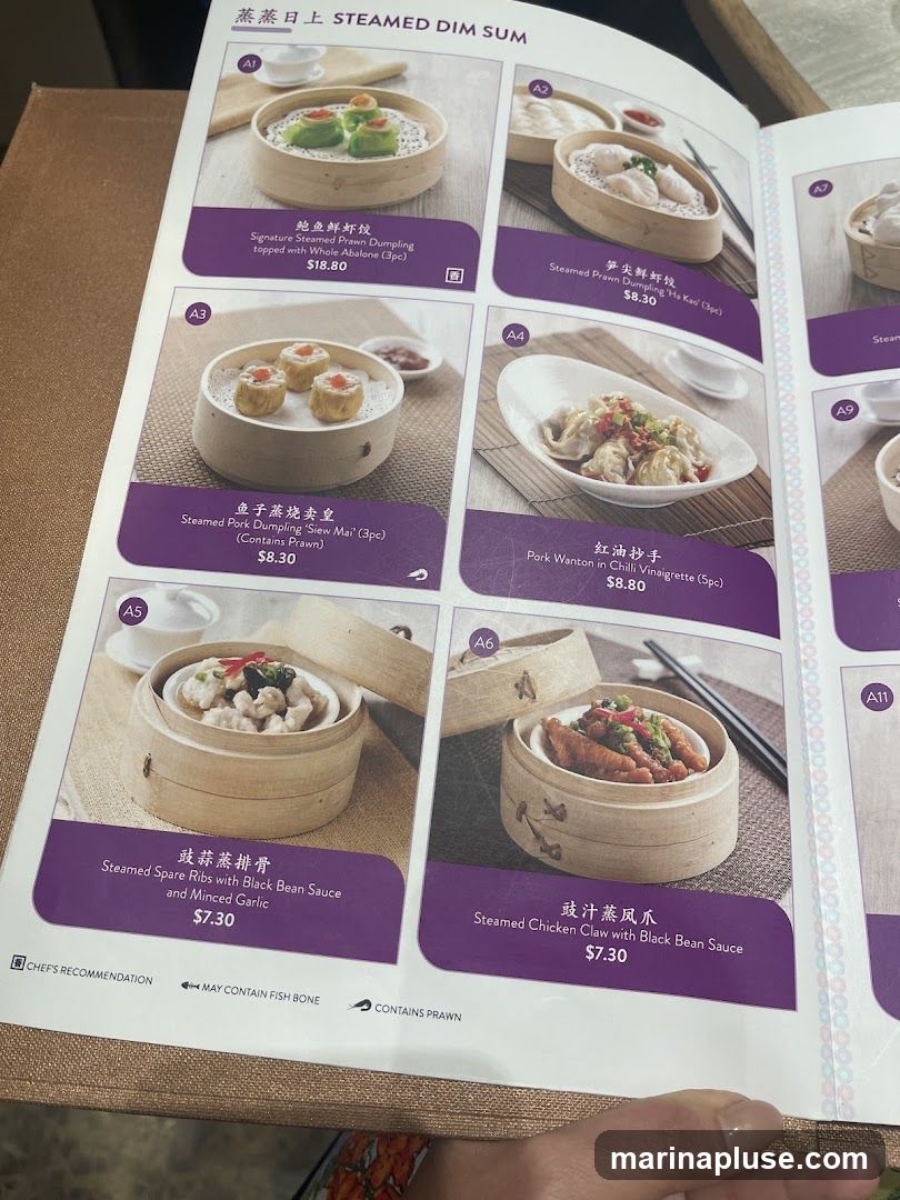 A menu page featuring various steamed dim sum dishes with descriptions and prices.