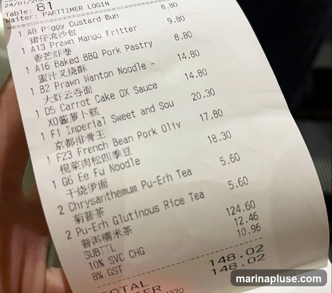 A receipt with a list of food and drink items ordered, quantities, and prices.